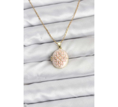 316L Çelik Zincir Gold Renk Mineli Lotus Model Açılabilir Kadın Kolye - TJ-BKO10776