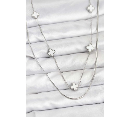 316L Çelik Zincir Gümüş Renk İtalyan Zincirli Yonca Model Kadın Kolye - TJ-BKO10779