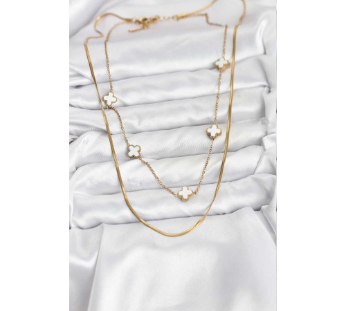 316L Çelik Zincir Gold Renk İtalyan Zincirli Yonca Model Kadın Kolye - TJ-BKO10780