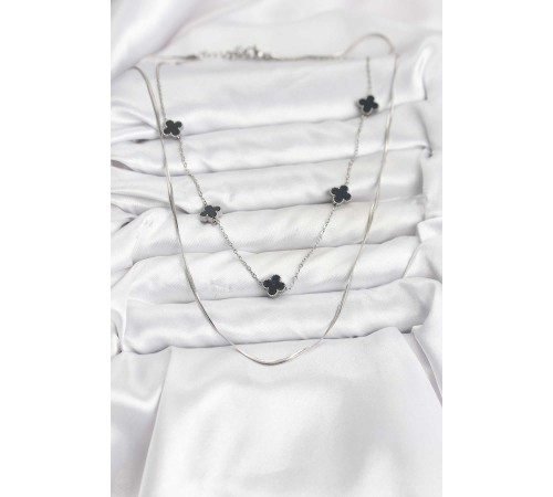 316L Çelik Zincir Gümüş Renk İtalyan Zincirli Siyah Yonca Model Kadın Kolye - TJ-BKO10781