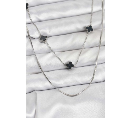 316L Çelik Zincir Gümüş Renk İtalyan Zincirli Siyah Yonca Model Kadın Kolye - TJ-BKO10781