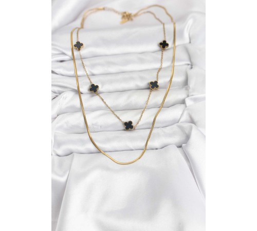 316L Çelik Zincir Gold Renk İtalyan Zincirli Siyah Yonca Model Kadın Kolye - TJ-BKO10782