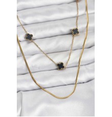 316L Çelik Zincir Gold Renk İtalyan Zincirli Siyah Yonca Model Kadın Kolye - TJ-BKO10782