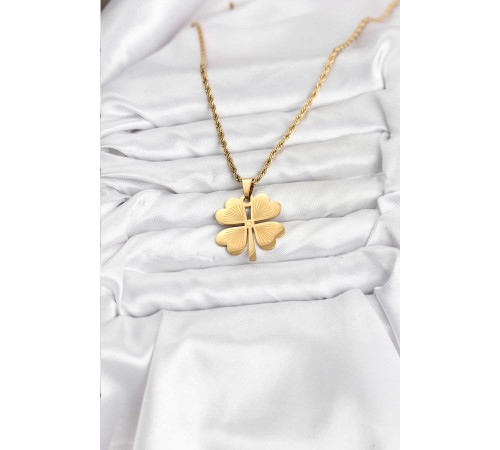 316L Çelik Zincir Gold Renk Yonca Model 60 cm Kadın Kolye - TJ-BKO10783