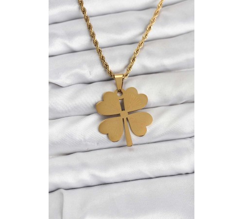 316L Çelik Zincir Gold Renk Yonca Model 60 cm Kadın Kolye - TJ-BKO10783