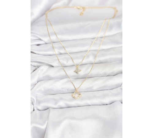 Pirinç Gold Renk Yonca Model 2'li Kadın Kolye - TJ-BKO10801