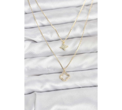 Pirinç Gold Renk Yonca Model 2'li Kadın Kolye - TJ-BKO10801