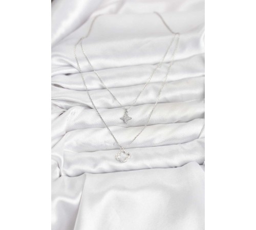 Pirinç Gümüş Renk Yonca Model 2'li Kadın Kolye - TJ-BKO10802