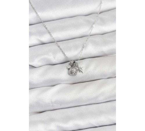 Pirinç Gümüş Renk Minimal Charmlı Kadın Kolye - TJ-BKO10804