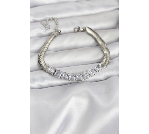 316L Çelik Gümüş Renk Kare Zirkon Taşlı Yılan Zincirli Kadın Bileklik - TJ-BB8153