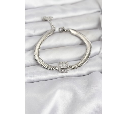 316L Çelik Gümüş Renk Baget Zirkon Taşlı Yılan Zincirli Kadın Bileklik - TJ-BB8155