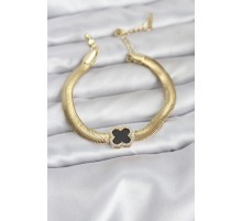 316L Çelik Gold Renk Siyah Yonca Model Zirkon Taşlı Yılan Zincirli Kadın Bileklik - TJ-BB8156