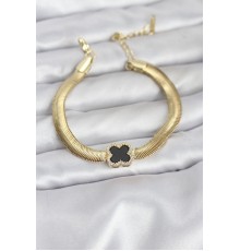 316L Çelik Gold Renk Siyah Yonca Model Zirkon Taşlı Yılan Zincirli Kadın Bileklik - TJ-BB8156