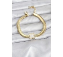 316L Çelik Gold Renk Beyaz Yonca Model Zirkon Taşlı Yılan Zincirli Kadın Bileklik - TJ-BB8157