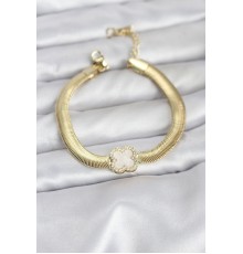 316L Çelik Gold Renk Beyaz Yonca Model Zirkon Taşlı Yılan Zincirli Kadın Bileklik - TJ-BB8157