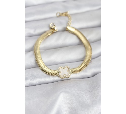 316L Çelik Gold Renk Beyaz Yonca Model Zirkon Taşlı Yılan Zincirli Kadın Bileklik - TJ-BB8157