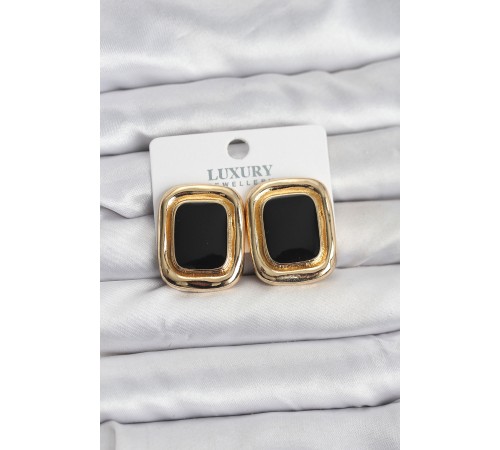 Siyah Mineli Kare Gold Renk Vintage Kadın Küpe - TJ-BKP11490
