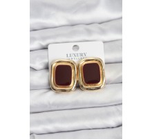 Bordo Mineli Kare Gold Renk Vintage Kadın Küpe - TJ-BKP11491