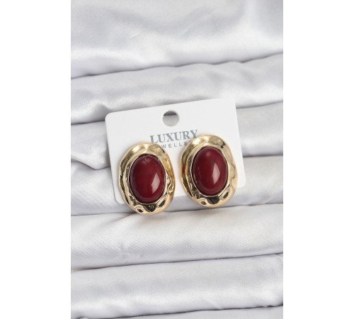 Bordo Renk Oval Vintage Pirinç Kadın Küpe - TJ-BKP11496