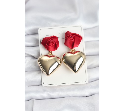 Pirinç Gold Kalpli Kırmızı Gül Model Kadın Küpe - TJ-BKP11500