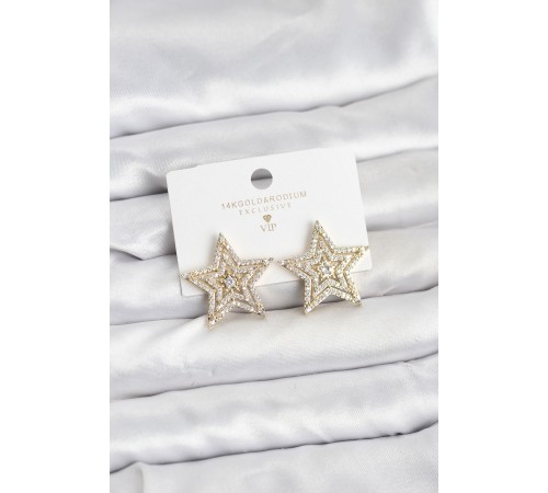 Gold Renk Pirinç Zirkon Taşlı Yıldız Model Kadın Küpe - TJ-BKP11514