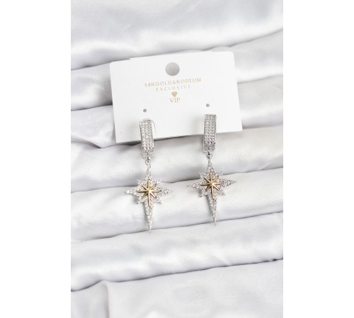 Zirkon Taşlı Gümüş Renk Pirinç Kutup Yıldızı Model Kadın Küpe - TJ-BKP11515