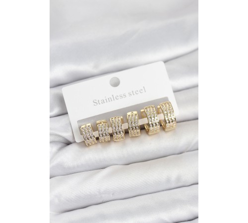 316L Çelik Zirkon Taşlı Gold Halka Küpe Seti - TJ-BKP11518