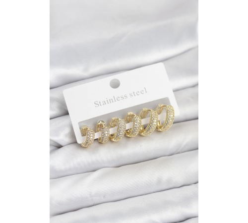 316L Çelik Gold Renk Zirkon Taşlı Halka Küpe Seti - TJ-BKP11520