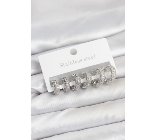 316L Çelik Gümüş Renk Zirkon Taşlı Halka Küpe Seti - TJ-BKP11521
