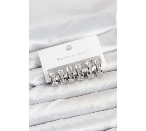 316L Çelik Gümüş Renk Zirkon Taşlı Halka Küpe Seti - TJ-BKP11527