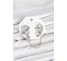 Pirinç Gümüş Renk Yılan Model Zincir Bağlantılı Ear Cuff Küpe Seti - TJ-BKP11533