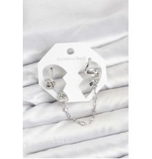 Pirinç Gümüş Renk Yılan Model Zincir Bağlantılı Ear Cuff Küpe Seti - TJ-BKP11533