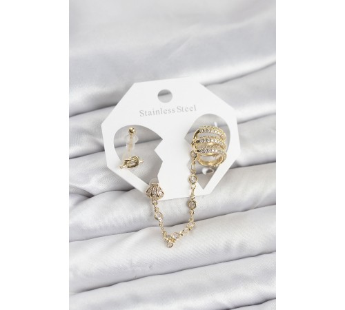 Pirinç Gold Renk Sarmal Model Zincir Bağlantılı Ear Cuff Küpe Seti - TJ-BKP11536