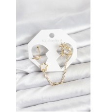 Pirinç Gold Renk Yıldız Model Zincir Bağlantılı Ear Cuff Küpe Seti - TJ-BKP11538