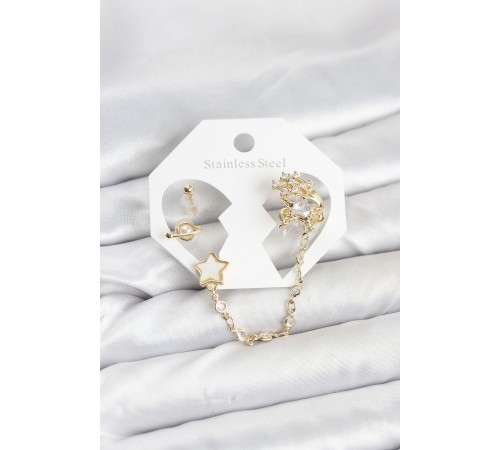 Pirinç Gold Renk Yıldız Model Zincir Bağlantılı Ear Cuff Küpe Seti - TJ-BKP11538