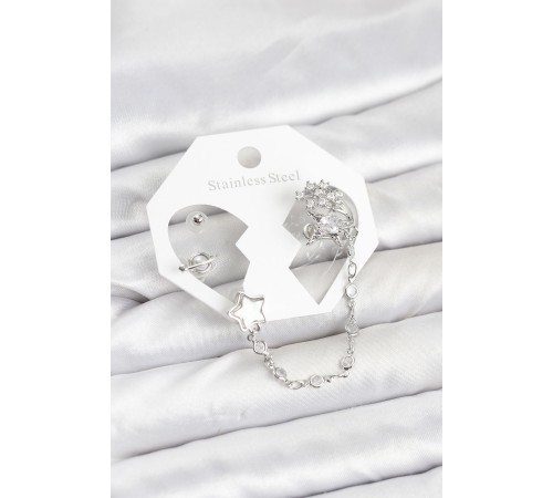 Pirinç Gümüş Renk Yıldız Model Zincir Bağlantılı Ear Cuff Küpe Seti - TJ-BKP11539