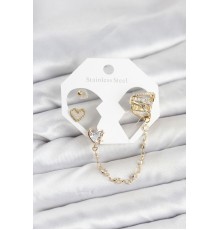 Pirinç Gold Renk Kalp Model Zincir Bağlantılı Ear Cuff Küpe Seti - TJ-BKP11541