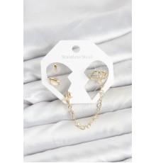Pirinç Gold Renk Uzay Model Zincir Bağlantılı Ear Cuff Küpe Seti - TJ-BKP11542