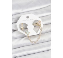 Yıldız Model Pirinç Gold Renk Zincir Bağlantılı Ear Cuff Küpe Seti - TJ-BKP11545