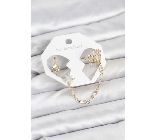Yıldız Model Pirinç Gold Renk Zincir Bağlantılı Ear Cuff Küpe Seti - TJ-BKP11545