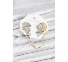 Kalp Yıldız Model Pirinç Gold Renk Zincir Bağlantılı Ear Cuff Küpe Seti - TJ-BKP11547