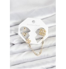 Kiraz Model Pirinç Gold Renk Zincir Bağlantılı Ear Cuff Küpe Seti - TJ-BKP11549