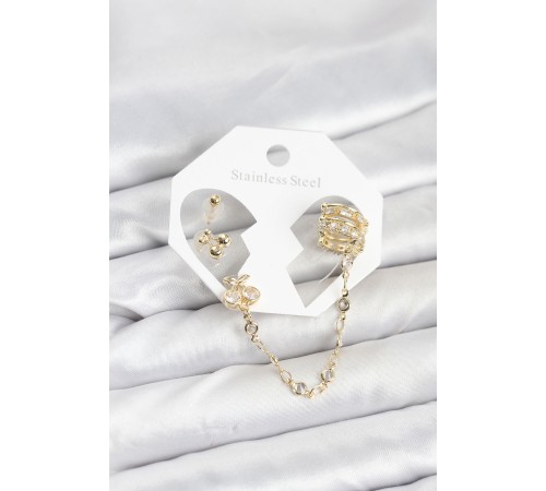 Kiraz Model Pirinç Gold Renk Zincir Bağlantılı Ear Cuff Küpe Seti - TJ-BKP11549