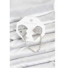 Kutup Yıldızı Model Pirinç Gümüş Renk Zincir Bağlantılı Ear Cuff Küpe Seti - TJ-BKP11551