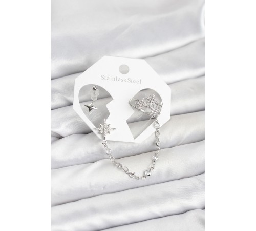 Kutup Yıldızı Model Pirinç Gümüş Renk Zincir Bağlantılı Ear Cuff Küpe Seti - TJ-BKP11551