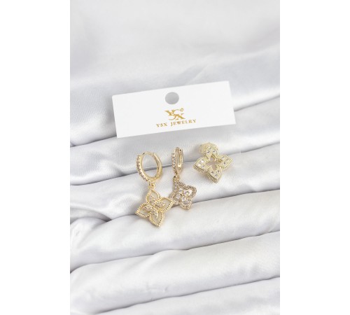 Pirinç Gold Renk Yonca Model YSX Trio Küpe Seti - TJ-BKP11552