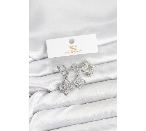 Pirinç Gümüş Renk Yonca Model YSX Trio Küpe Seti - TJ-BKP11553