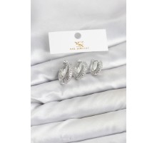Pirinç Gümüş Renk Zirkon Taşlı Halka Model YSX Trio Küpe Seti - TJ-BKP11559