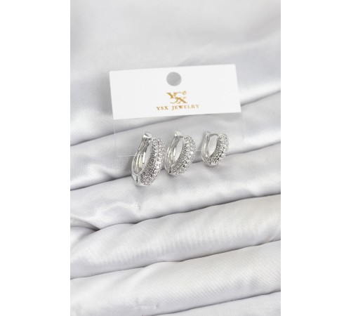 Pirinç Gümüş Renk Zirkon Taşlı Halka Model YSX Trio Küpe Seti - TJ-BKP11559