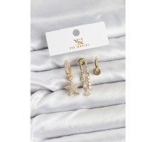 Pirinç Gold Renk Zirkon Taşlı Yıldız Vintage Model YSX Trio Küpe Seti - TJ-BKP11562